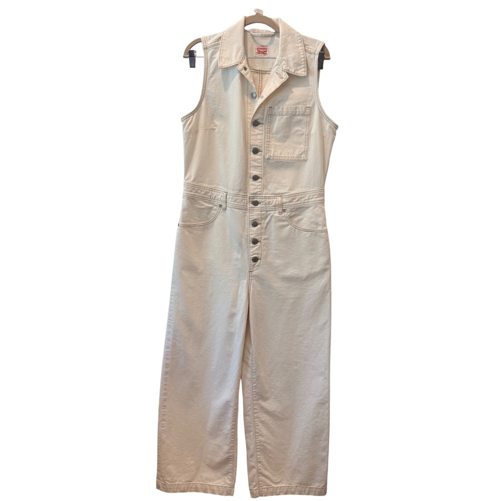 Levis Womens Sleeveless Denim Jumpsuit Wide Leg Western Cream Button Front M
